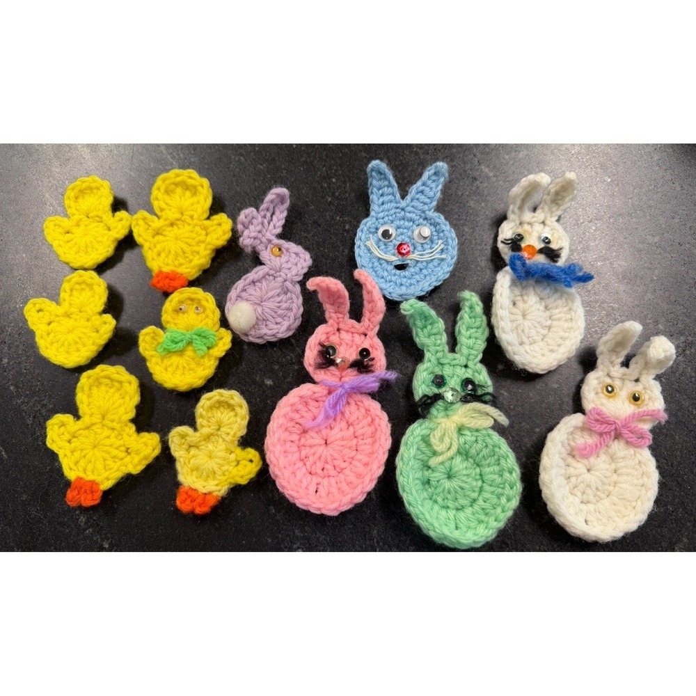 Lot 12 Handmade Crocheted Easter Bunny &‎ Chick Appliques Ornaments Spring Decor